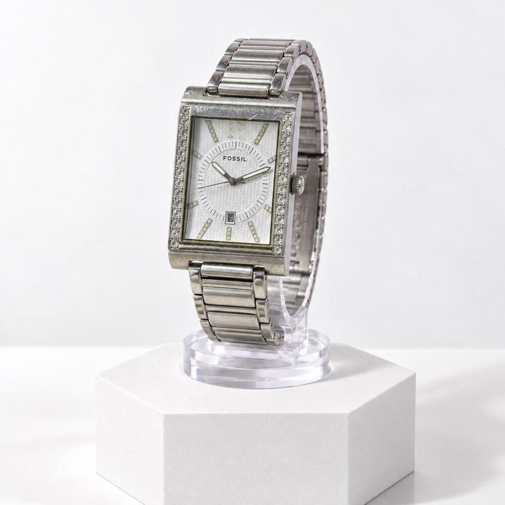 Vintage Fossil Silver Rhinestone Rectangular Watch - Picture 1 of 4